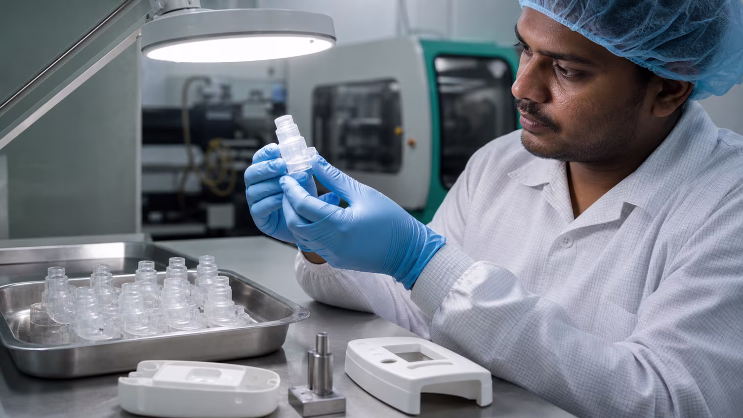 Technician inspecting molded medical device components during production quality control.
