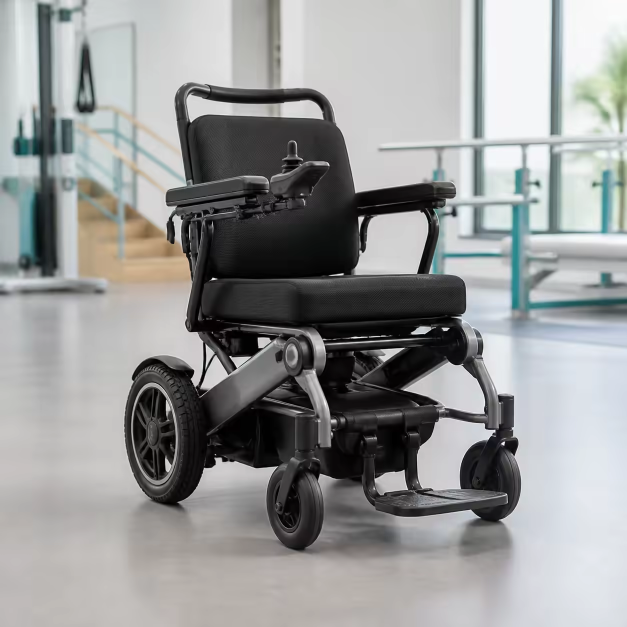 Powered wheelchair in a modern rehabilitation clinic.