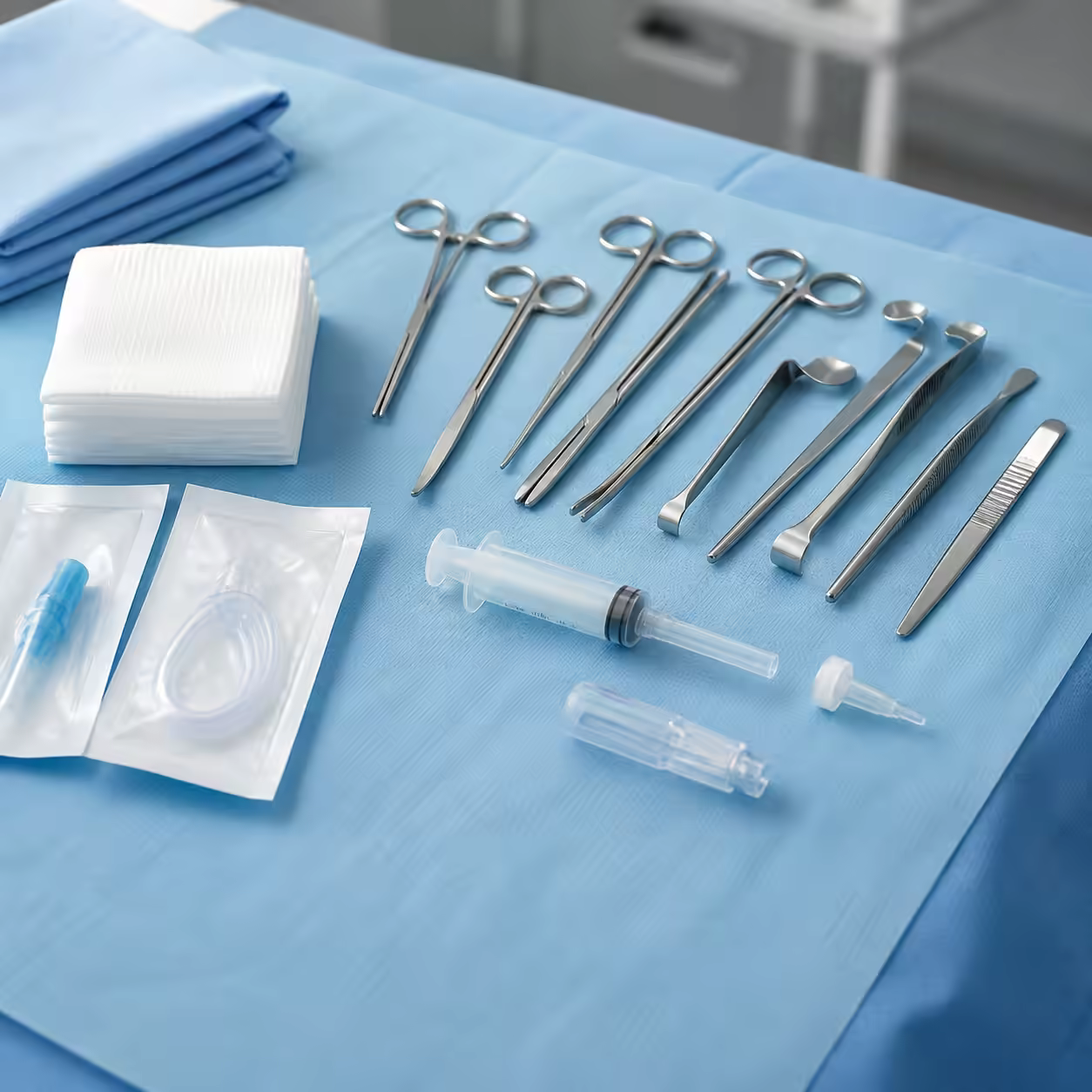 Sterile surgical instruments and consumables arranged on a procedure drape.