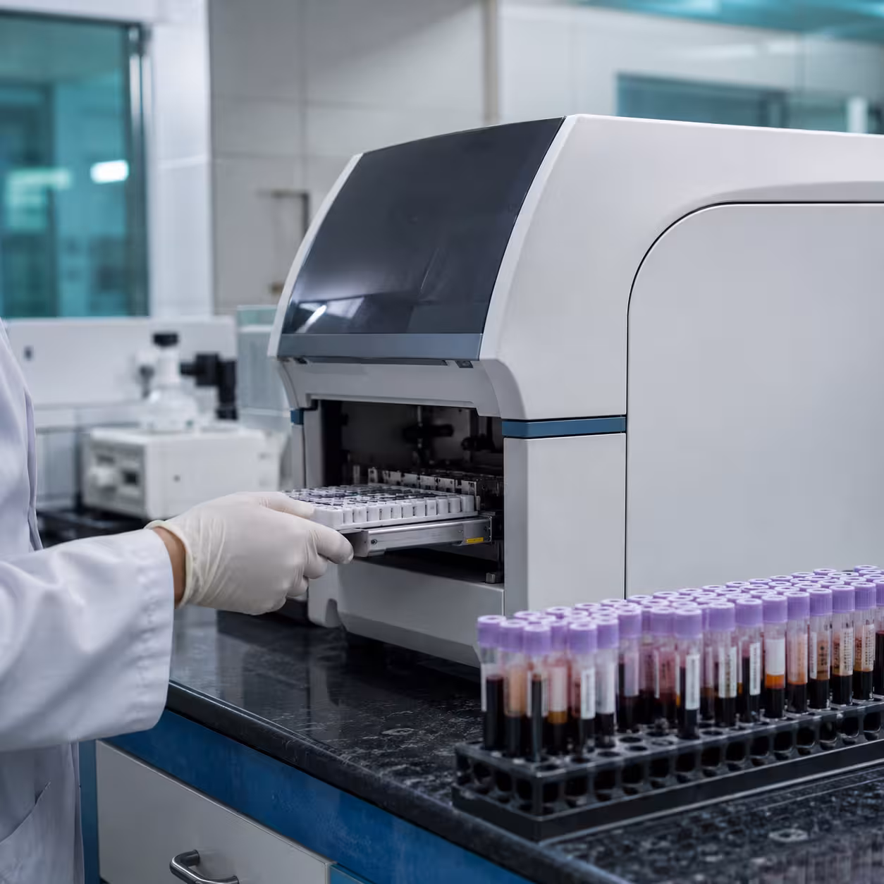 A laboratory technician loading sample tubes into a diagnostics analyser.