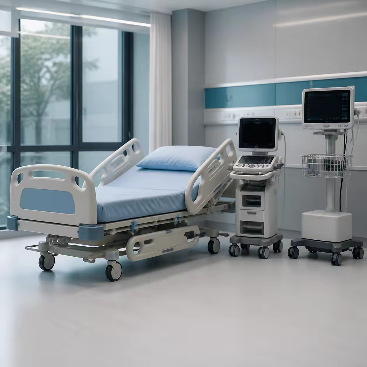 Hospital bed, ultrasound system and patient monitor in a clinical room.