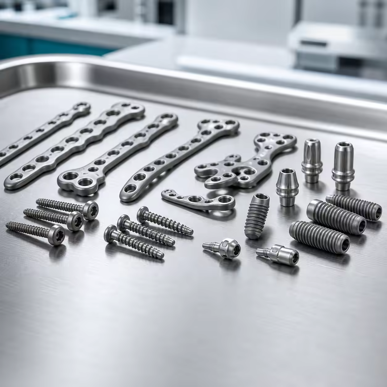Titanium orthopaedic plates, screws and dental implants arranged on an inspection tray.